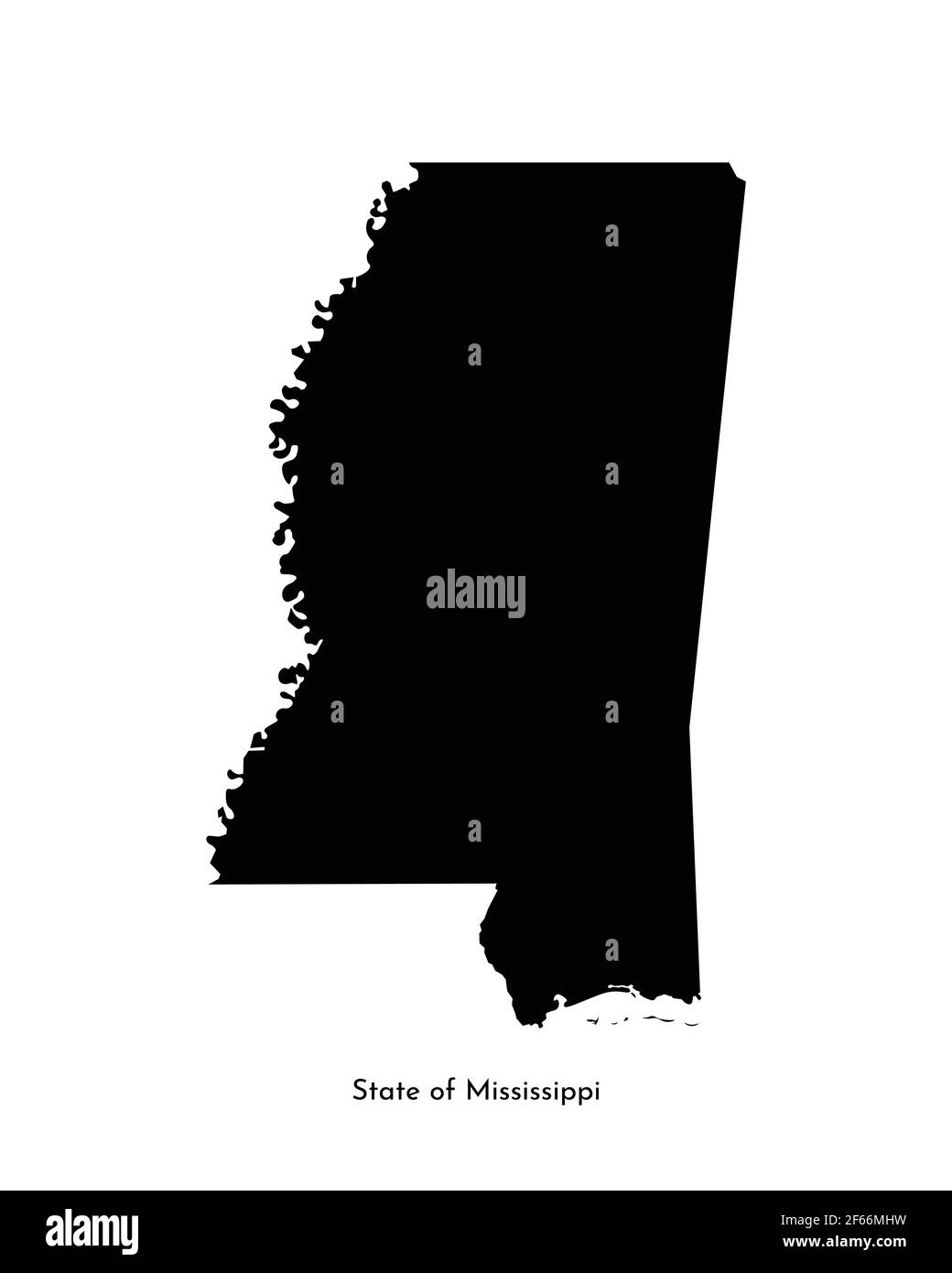 Icona di illustrazione semplificata con profilo nero della mappa dello stato del Mississippi (USA). Sfondo bianco Illustrazione Vettoriale