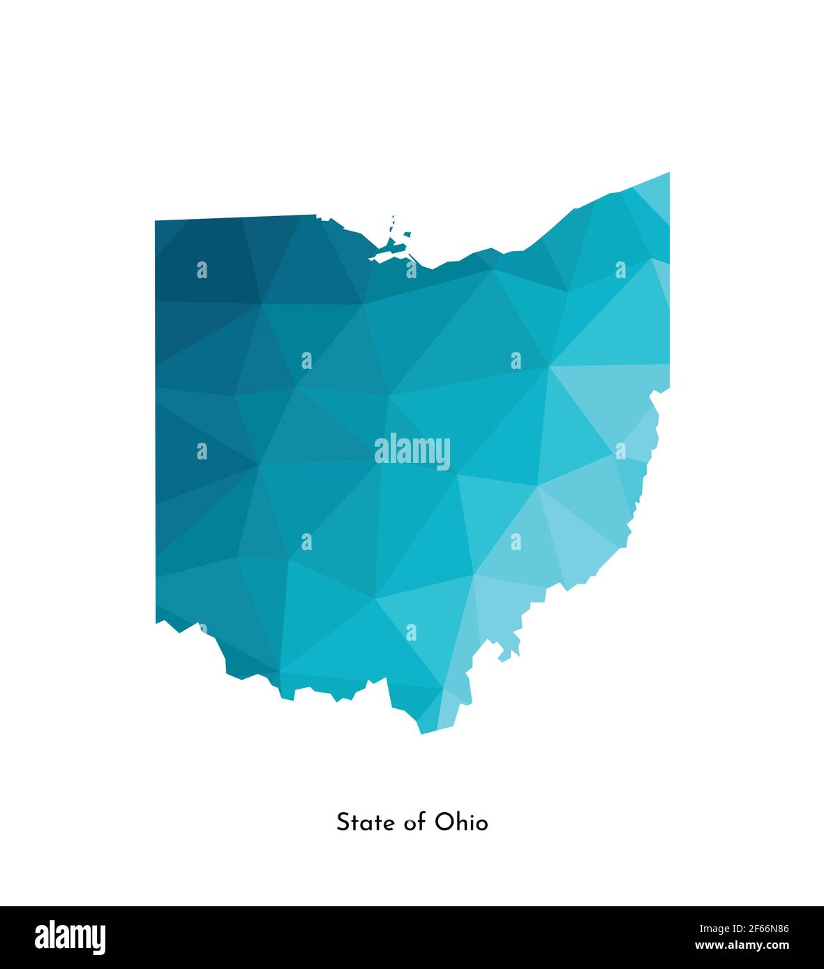 Icona di illustrazione vettoriale isolata con sagoma blu semplificata della mappa dello stato dell'Ohio (USA). Stile geometrico poligonale. Sfondo bianco. Illustrazione Vettoriale