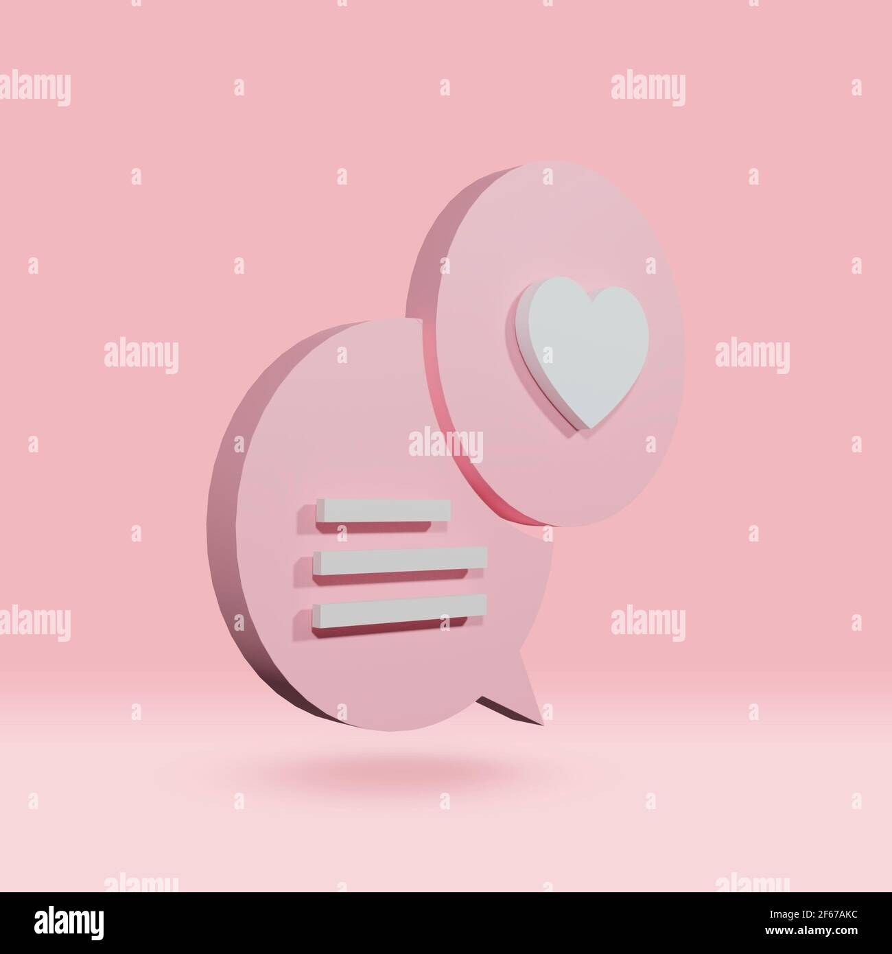 L'amore come il cuore e l'icona del commento nella bolla del parlato rosa Pin isolato su sfondo rosa color pastello Notifiche dei social media Rendering 3D Foto Stock