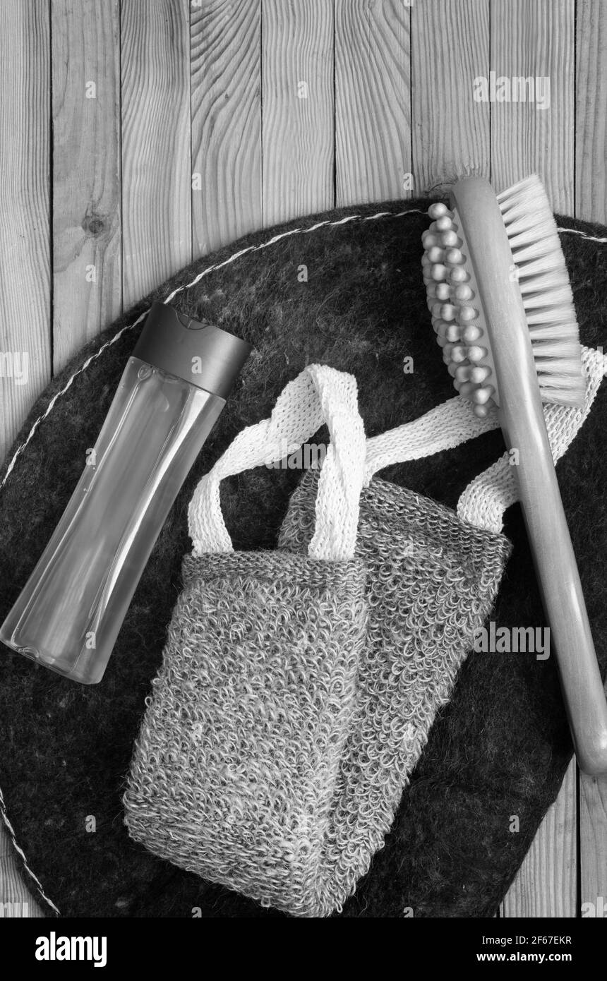 Articoli necessari per un bagno o una sauna Foto Stock