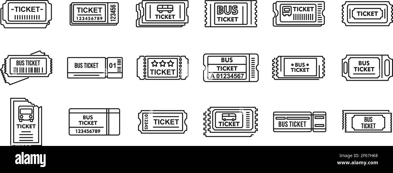 Set di icone per biglietti bus, stile contorno Illustrazione Vettoriale