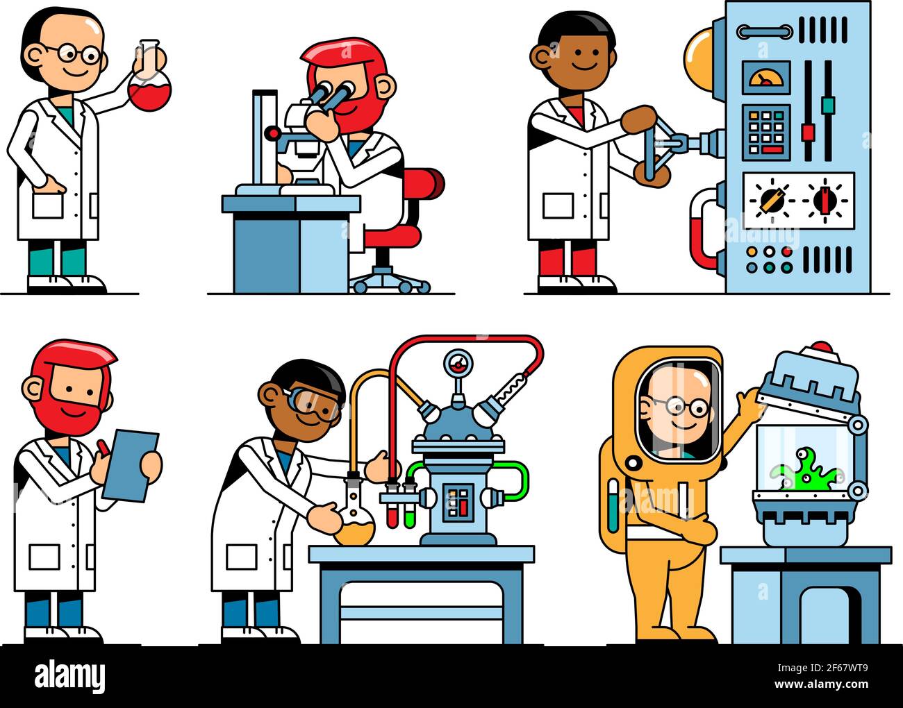 Scienziati in chimica e fisica con attrezzature da laboratorio Illustrazione Vettoriale