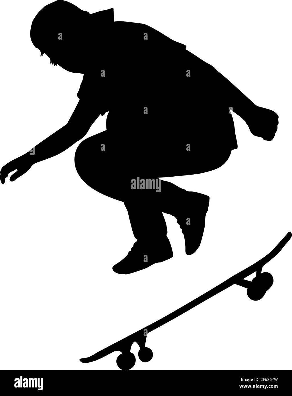 Silhouette da adolescente skateboarder che salta lateralmente. Immagine grafica icona vettore Illustrazione Vettoriale