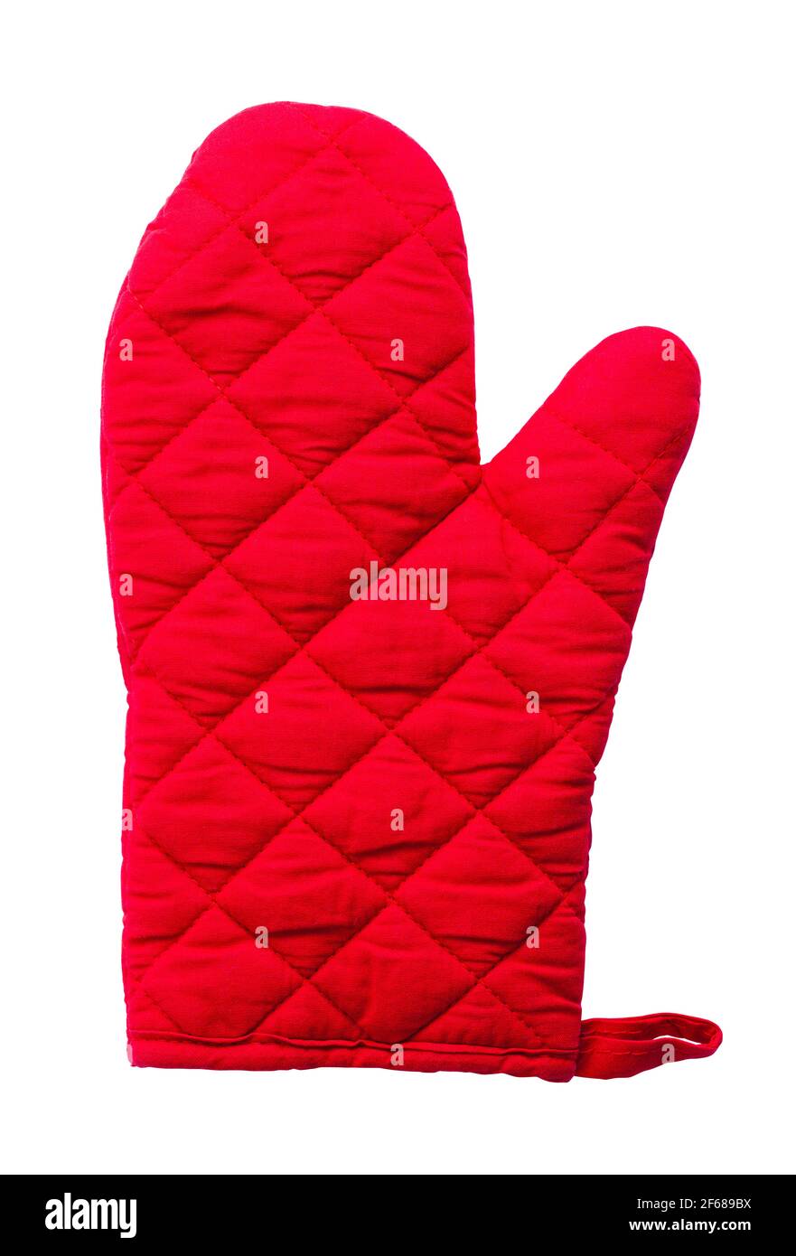 Forno trapuntato in tessuto rosso Mitt Cut out. Foto Stock