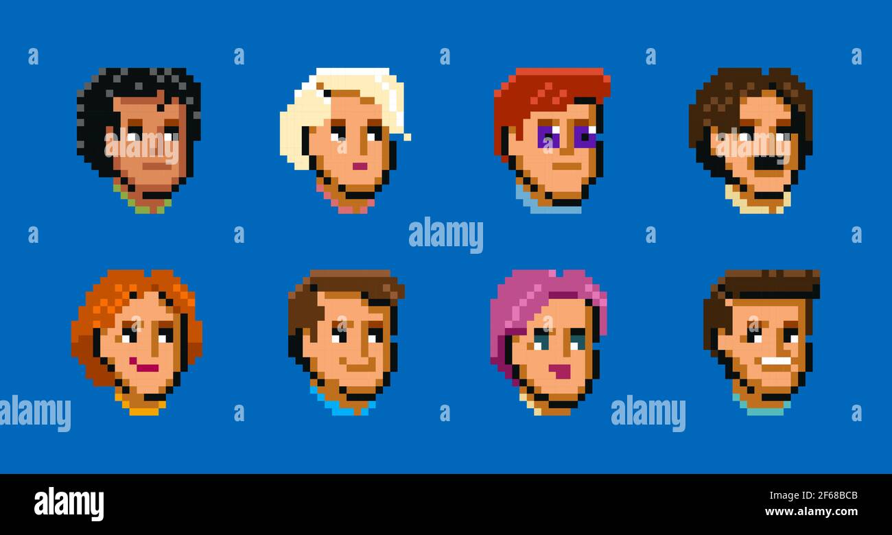 Set di avatar maschili e femminili diversi, semplice cartoon piatto in stile pixel art. Cute persone volti, icone Illustrazione Vettoriale