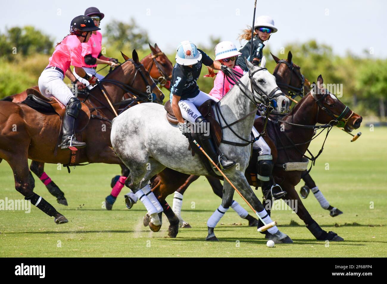 DUNDAS VS HAWAII POLO LIFE 2021 CAMPIONATI DI POLO FEMMINILE, tenuti a Port Mayaca, Florida, 10 marzo 2021. Team Dundas: Nina Clarkin, Hope Arelano, Sarah Siegel Magness Team Hawaii Polo Life: Delores rete, Pamela Flanagan, mia Cambiaso, Hazel Jackson. Foto di Jennifer Graylock-Graylock.com 917-519-7666 Foto Stock