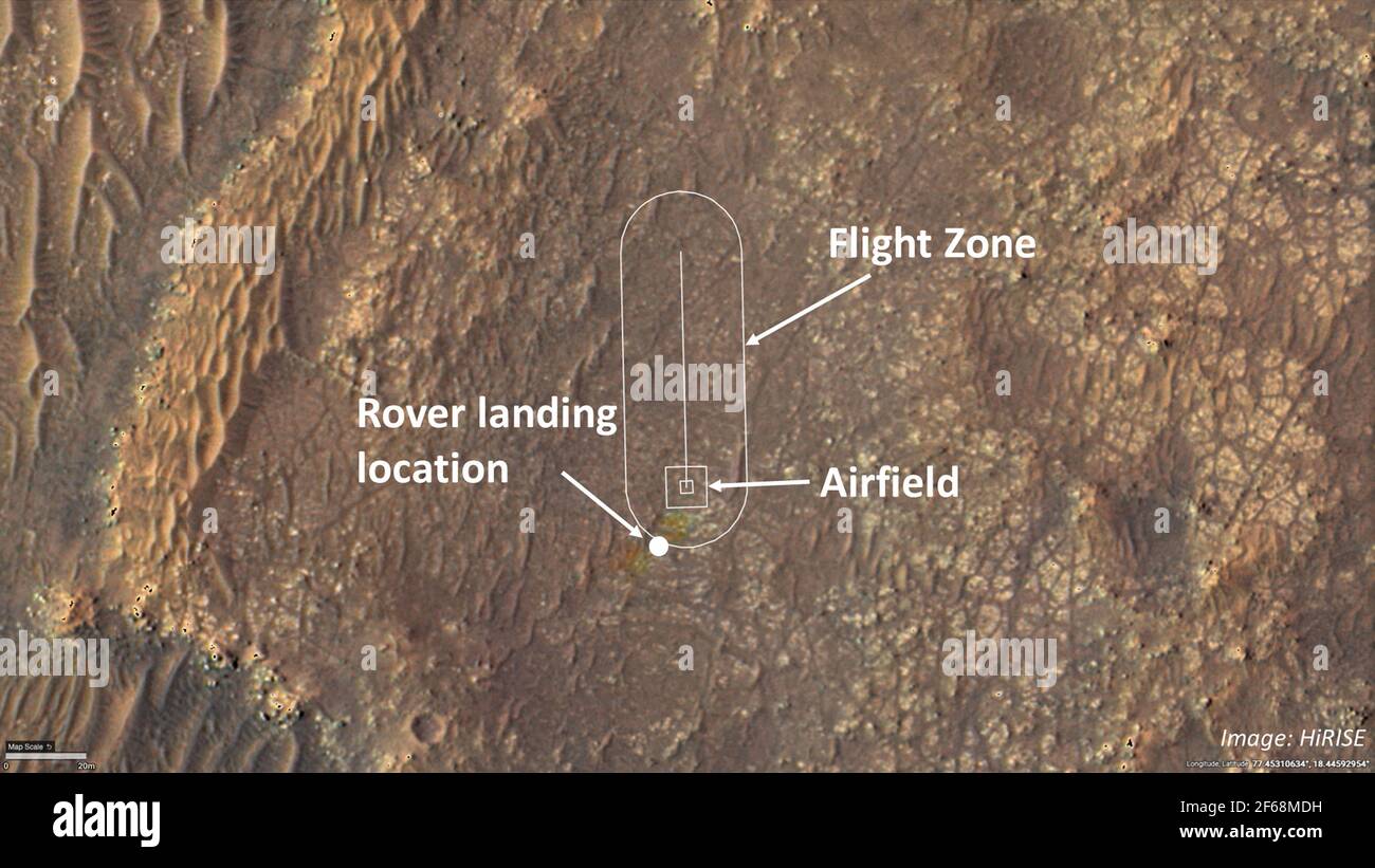 Questa immagine, rilasciata il 23 marzo 2021, mostra dove il team Ingenuity Mars Helicopter della NASA tenterà i suoi voli di prova. Gli ingegneri dell'elicottero hanno aggiunto le posizioni per il sito di atterraggio rover (noto anche come "Octavia E. Butler Landing"), il campo d'aviazione (l'area in cui l'elicottero decolterà e ritornerà), E la zona di volo (l'area all'interno della quale volerà) su un'immagine ripresa dalla telecamera HiRISE (High Resolution Imaging Experiment) a bordo del Mars Reconnaissance Orbiter della NASA. La NASA sta puntando non prima dell'8 aprile per l'elicottero Ingenuity Mars di fare il primo tentativo a un motore, cont Foto Stock