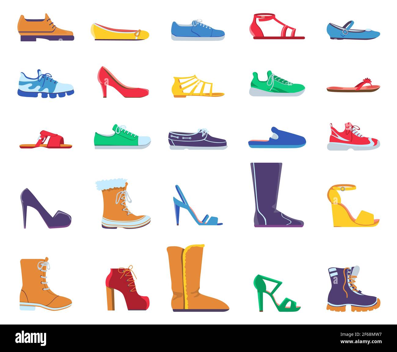 Scarpe piatte. Calzature di moda per donne e uomini. Sneaker, sandali, balletti e scarpe con tacco a stiletto. Trendy caricature disegni vettoriali set Illustrazione Vettoriale