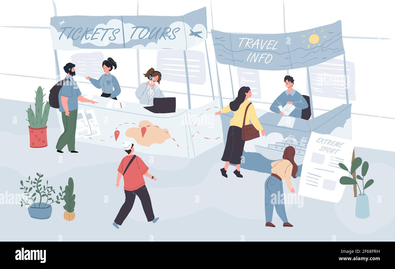 Cartoni animati visitatori e lavoratori personaggi in mostra, illustrazione vettoriale Illustrazione Vettoriale