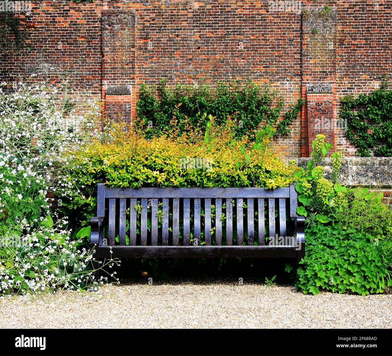 Immagine ravvicinata di una panca vuota in un parco inglese in una giornata di sole Foto Stock
