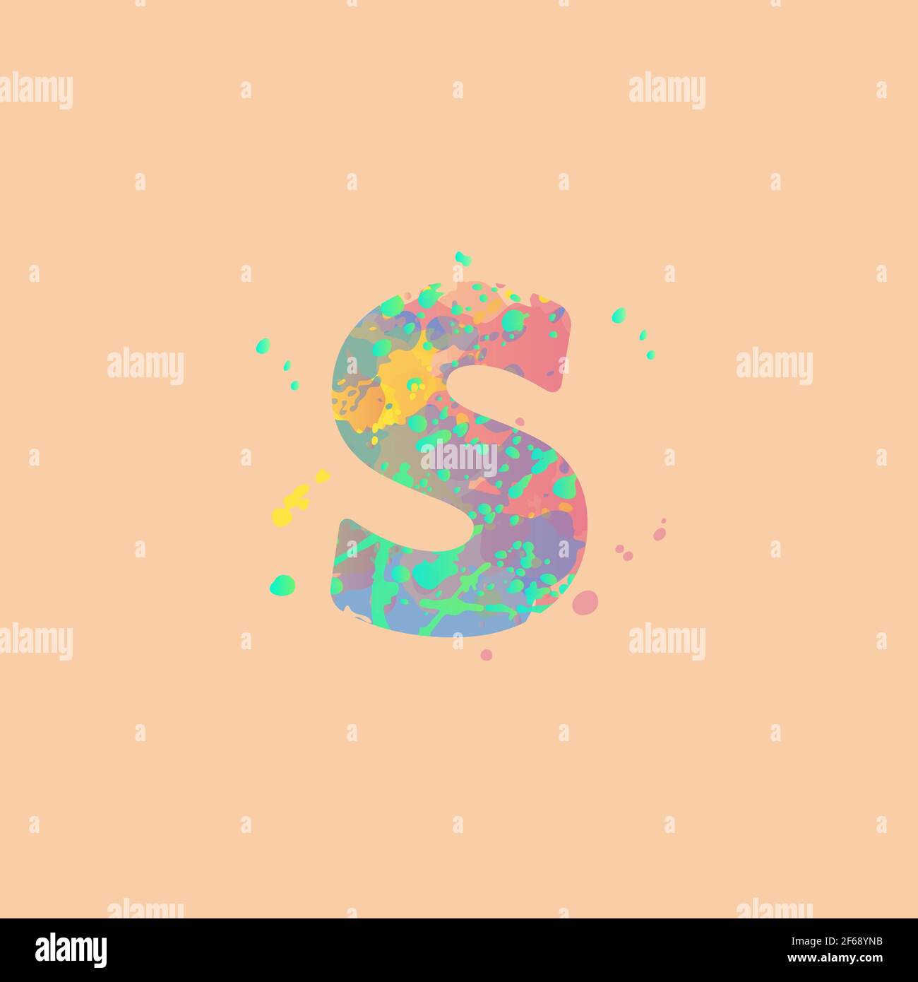 Lettera S con macchie miste multicolore di vernice rosa, gialla, blu, turchese su fondo di pesca. Design per striscioni, volantini, etichette, decorazioni, posta Illustrazione Vettoriale