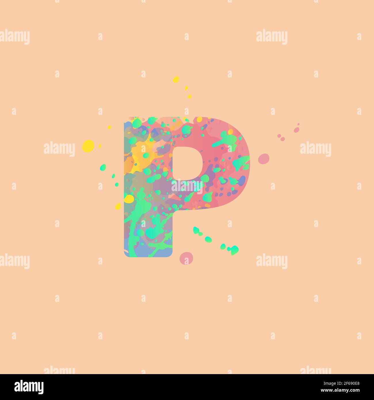 Lettera P con macchie miste multicolore di vernice rosa, gialla, blu, turchese su fondo di pesca. Design per striscioni, volantini, etichette, decorazioni, posta Illustrazione Vettoriale