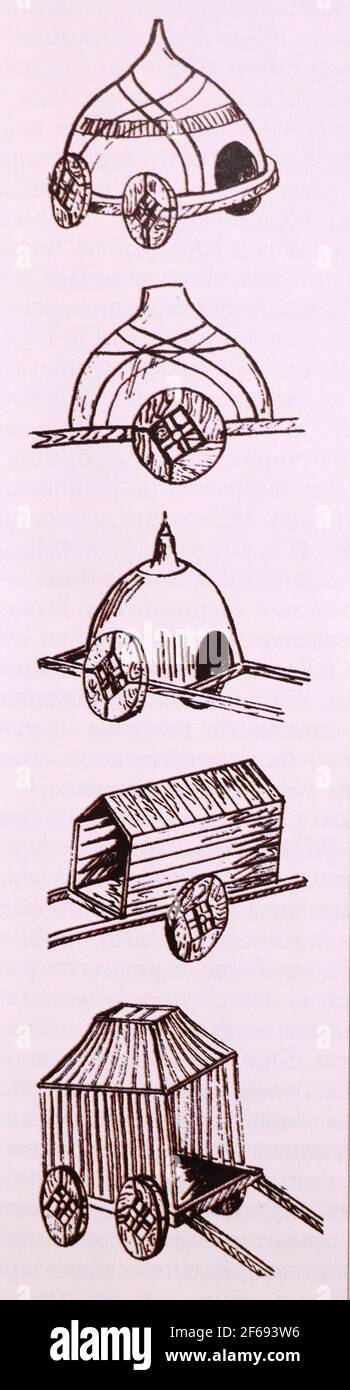 Tipi di yurts mongolo su ruote. L'incisione del 19 ° secolo. Foto Stock