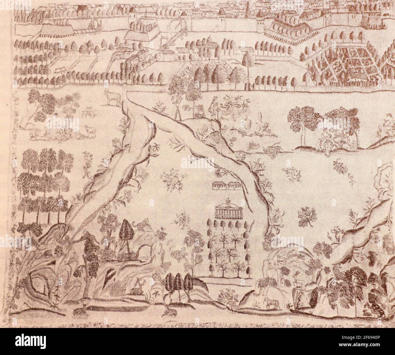 Tappeto di lana intrecciata realizzato da serfs con immagine della tenuta del proprietario Khomyakov nella provincia di Tula negli anni Settanta del 1770. Foto Stock