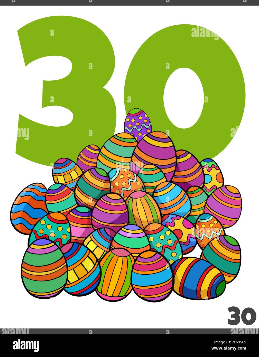 Cartoon illustrazione del numero trenta per i bambini con Pasqua colorata gruppo uova Illustrazione Vettoriale