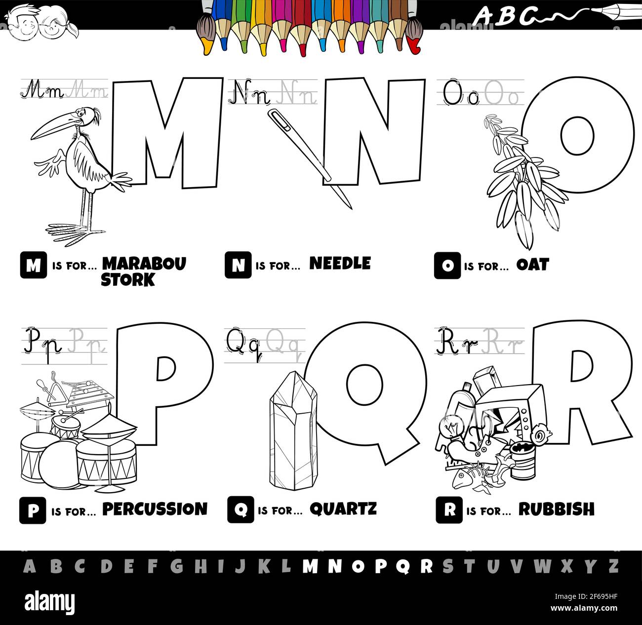 Cartoni animati in bianco e nero illustrazione delle lettere maiuscole dell' alfabeto set didattico per la pratica di lettura e scrittura per bambini da  Colori da M a R Immagine e Vettoriale 
