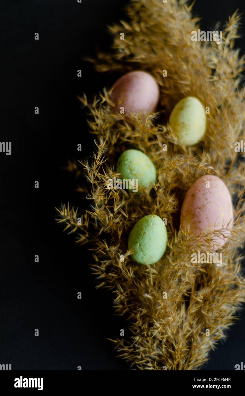 uova di pasqua su sfondo nero, spazio libero Foto Stock