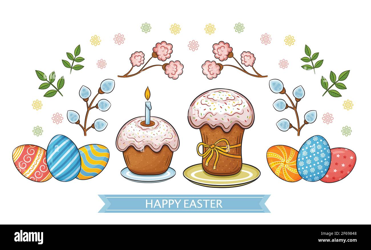 Dolci di Pasqua e uova colorate. Tradizione di decorazione gusci dipinti. Pane cibo sacro. Celebrazione religiosa cristiana. Biglietto d'auguri. Illustrazione Vettoriale