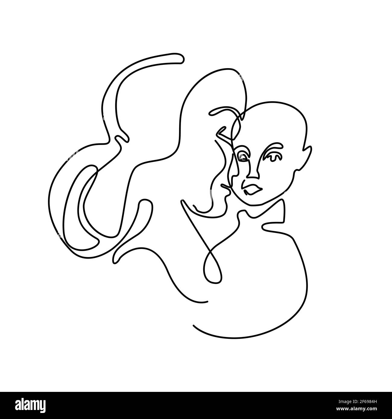 Ritratto astratto di famiglia di una madre che tiene un bambino. Semplice illustrazione vettoriale line art Illustrazione Vettoriale