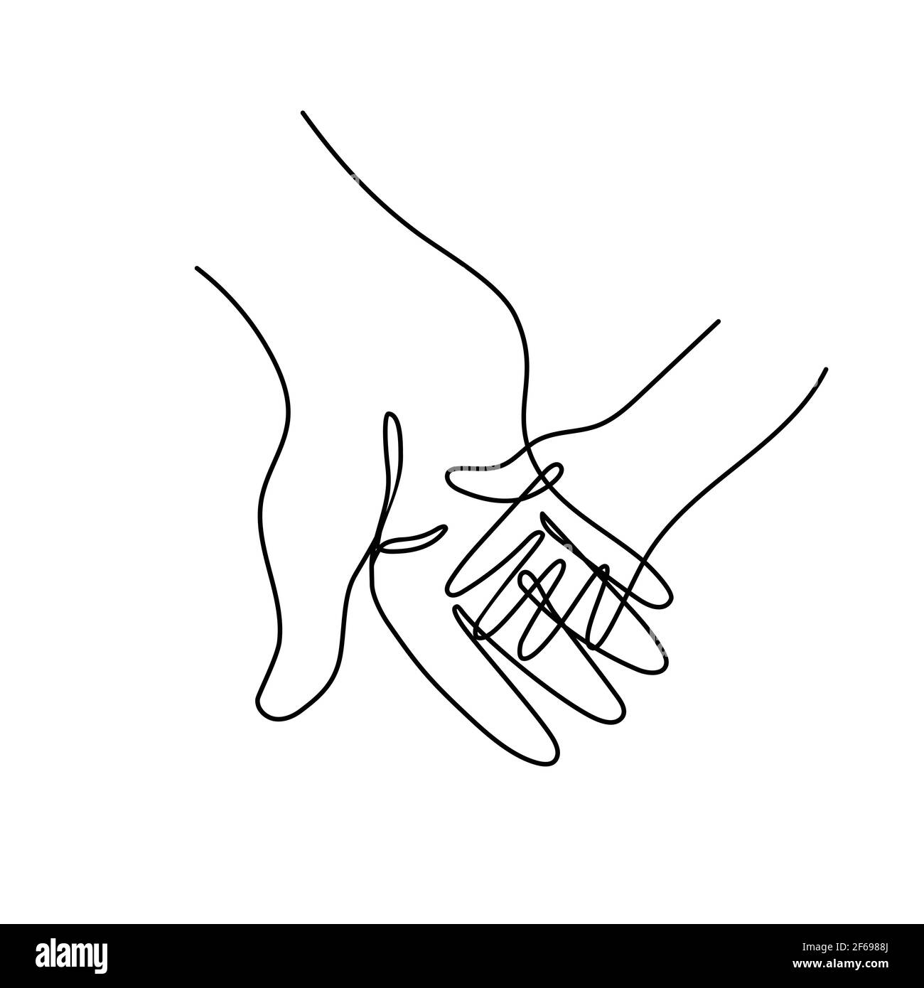 Icona di una mano dei genitori adulti che tiene una mano dei piccoli bambini. Semplice illustrazione vettoriale line art Illustrazione Vettoriale