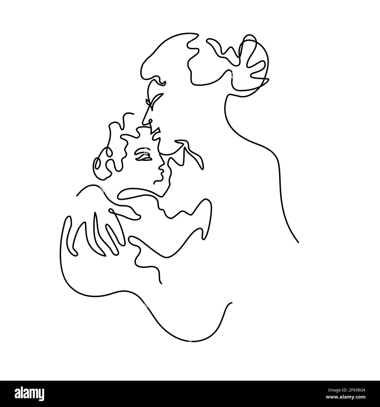 Ritratto astratto di una madre bacio bambino. Semplice illustrazione vettoriale line art Illustrazione Vettoriale