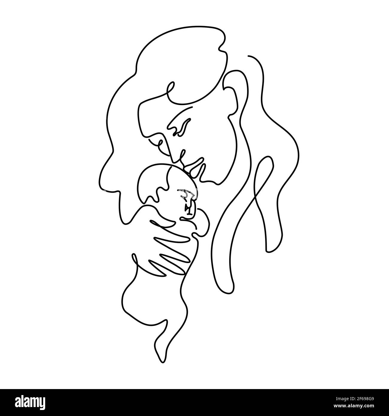 Ritratto astratto di una madre abbraccia un bambino. Semplice illustrazione vettoriale line art Illustrazione Vettoriale