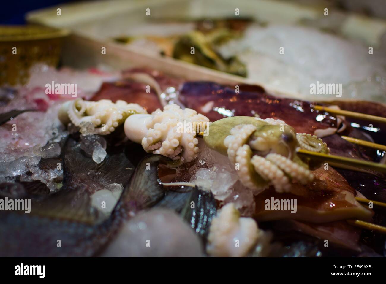 Spiedino di polpo grezzo in una bancarella di mercato a Phuket, Thailandia. Foto Stock