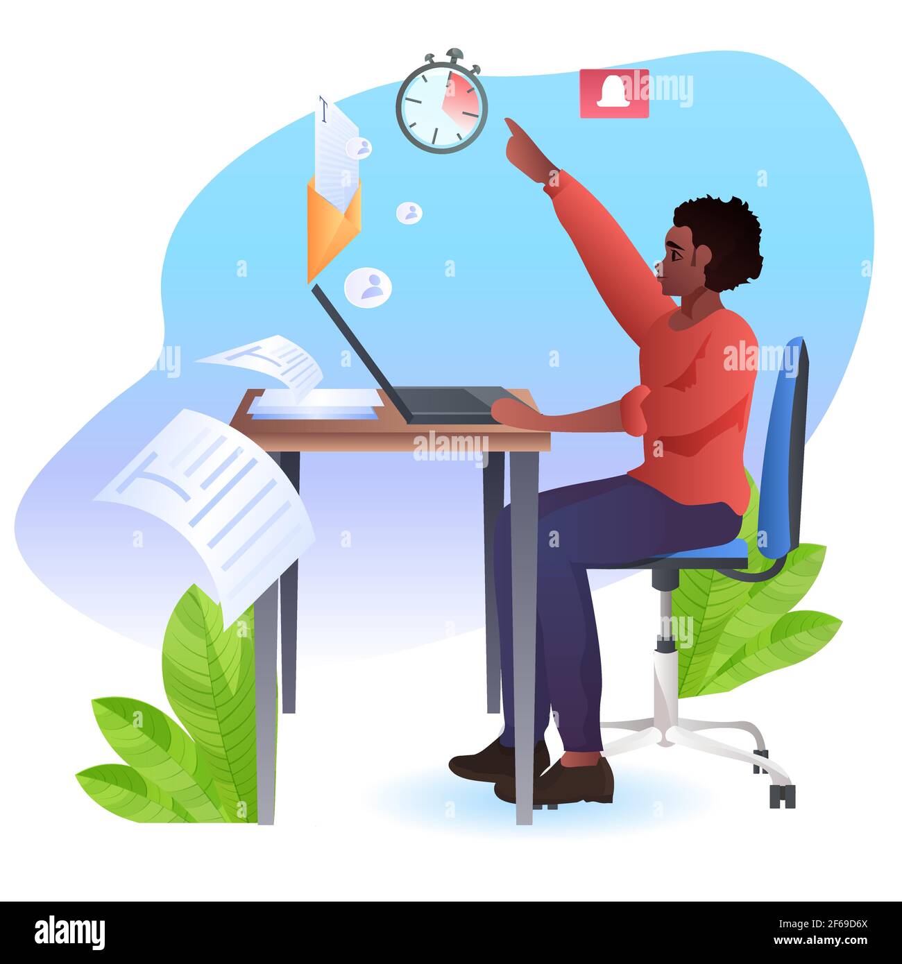 uomo d'affari che lavora su un laptop sul luogo di lavoro, concetto di scadenza del processo di lavoro duro Illustrazione Vettoriale