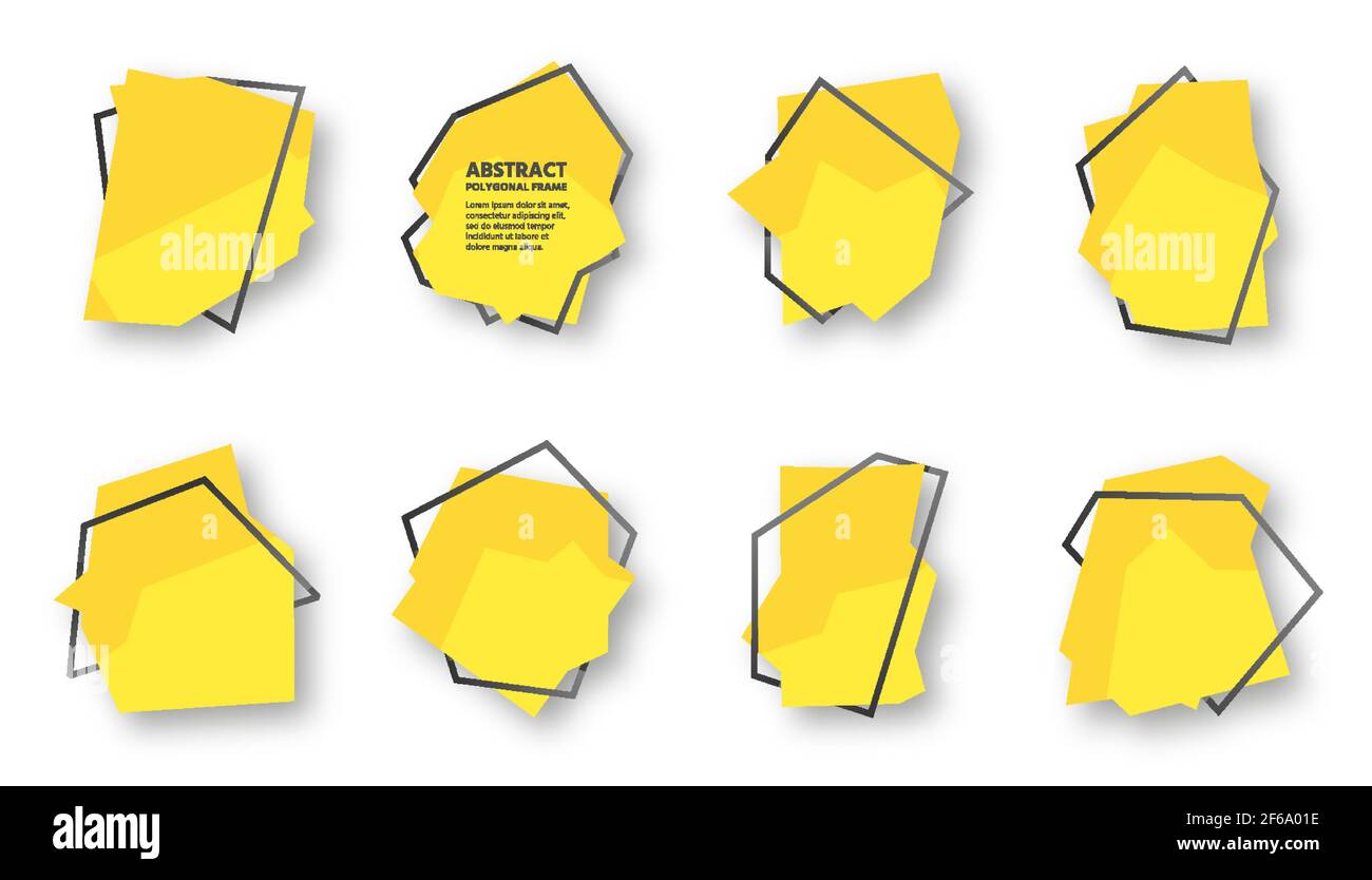 Banner giallo astratto con cornice di testo poligonale impostato con ombra. Linee nere geometriche su un punto luminoso. Modello scheda invito. Annuncio pubblicitario o poster di saluto Illustrazione Vettoriale