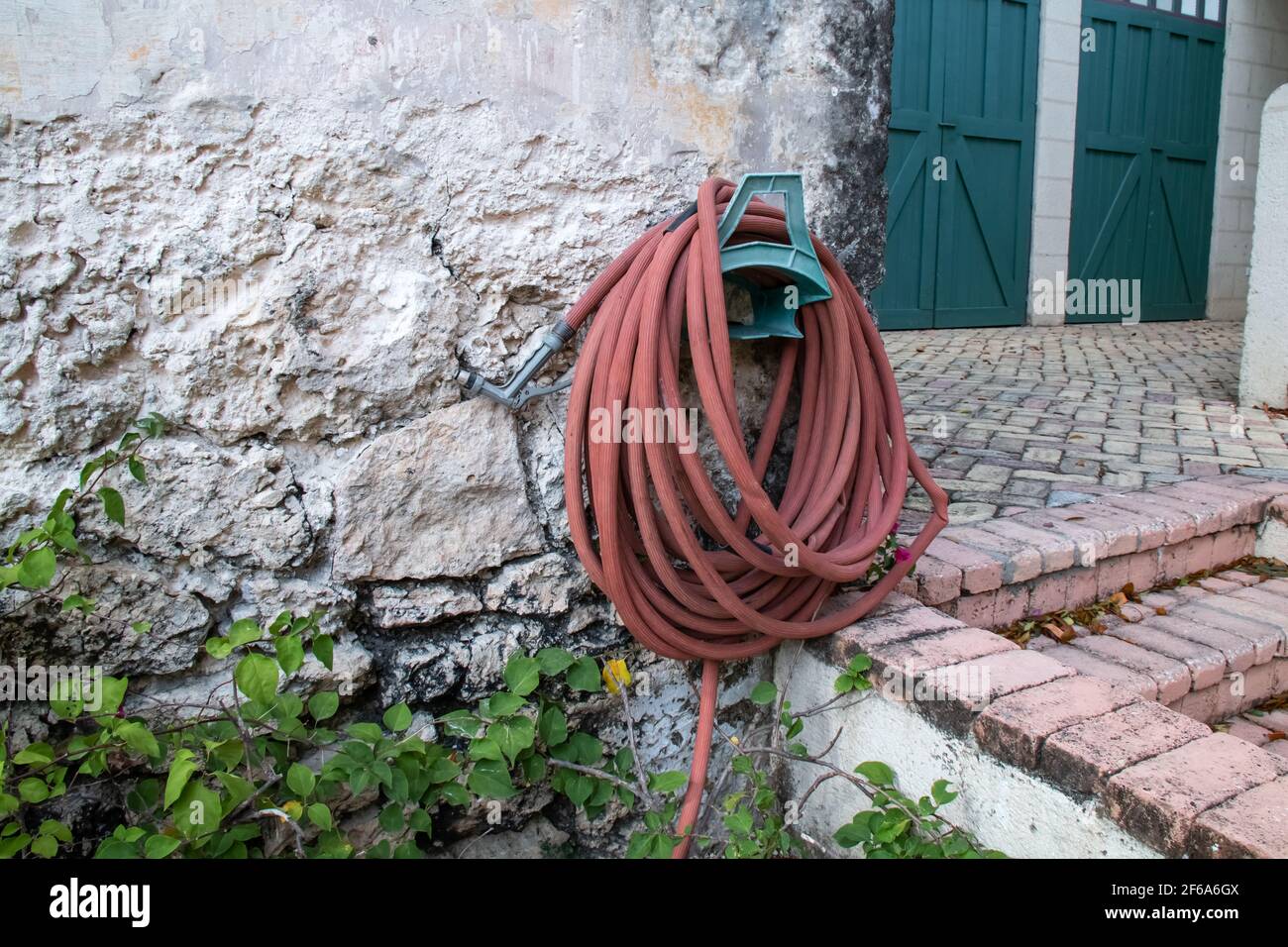 Un avvolto sienna bruciato tubo da giardino di colore arancione contro una vecchia parete coloniale in mattoni a Bridgetown, Barbados, piantatrice di giardino sotto. Foto Stock