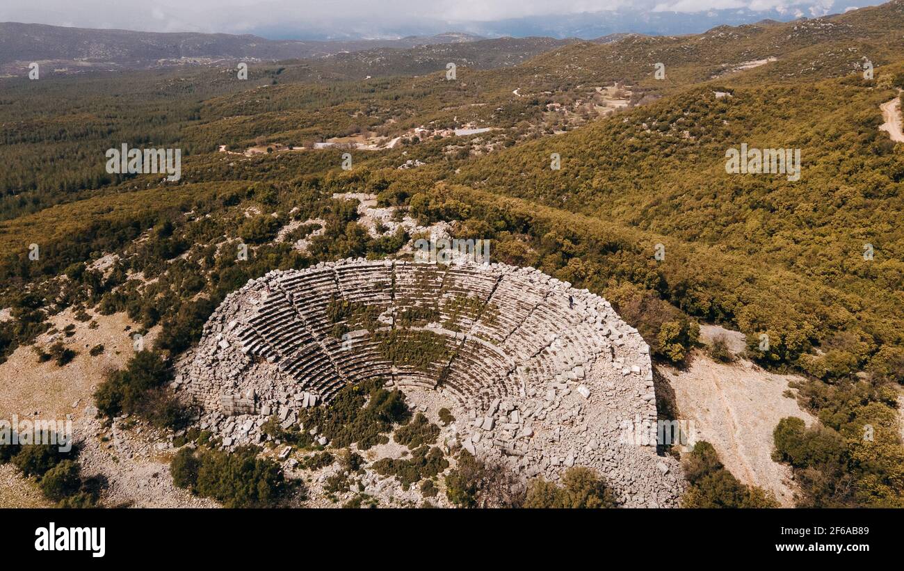 Vista aerea di Kyaneai Antik Kenti vicino a Demre in Turchia. Foto di alta qualità Foto Stock