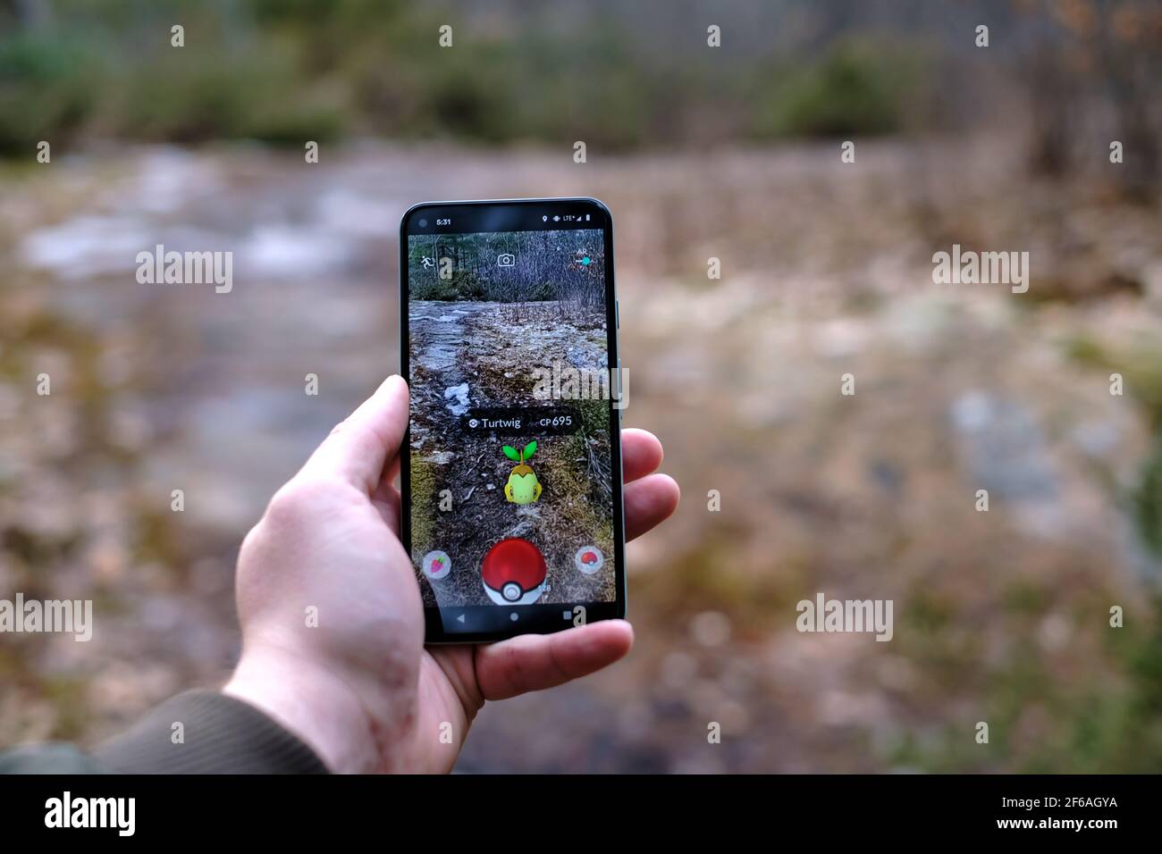 Ottawa, Ontario, Canada - 30 marzo 2021: Uno smartphone mostra un giocatore Pokemon Go che incontra un personaggio Turtwig nella modalità realtà aumentata del gioco Foto Stock