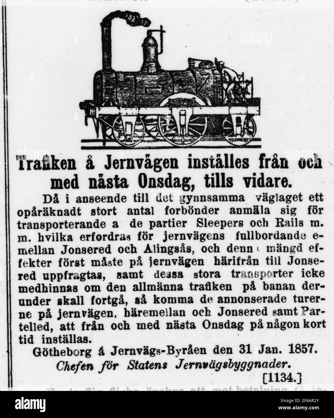 Clip di giornale dal 1857-01-31 per quanto riguarda il traffico fisso di passeggeri tra Jonsered e Alingsås, a causa del trasporto di 'Leepers e Rails' per il completamento della ferrovia. Foto Stock
