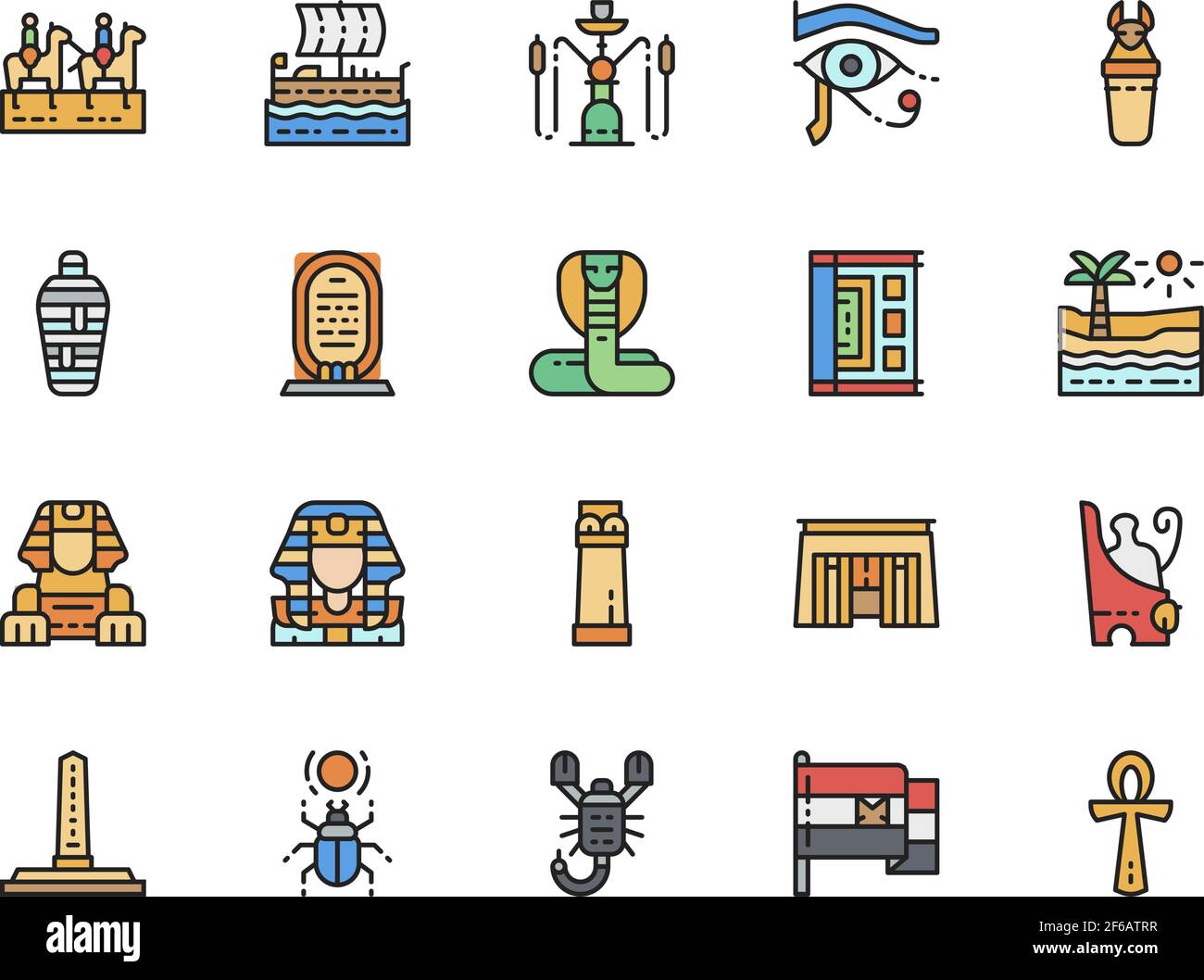 Set di icone della linea di colore della cultura egiziana. Caravan, Mummy, Scorpion e molto altro ancora. Illustrazione Vettoriale