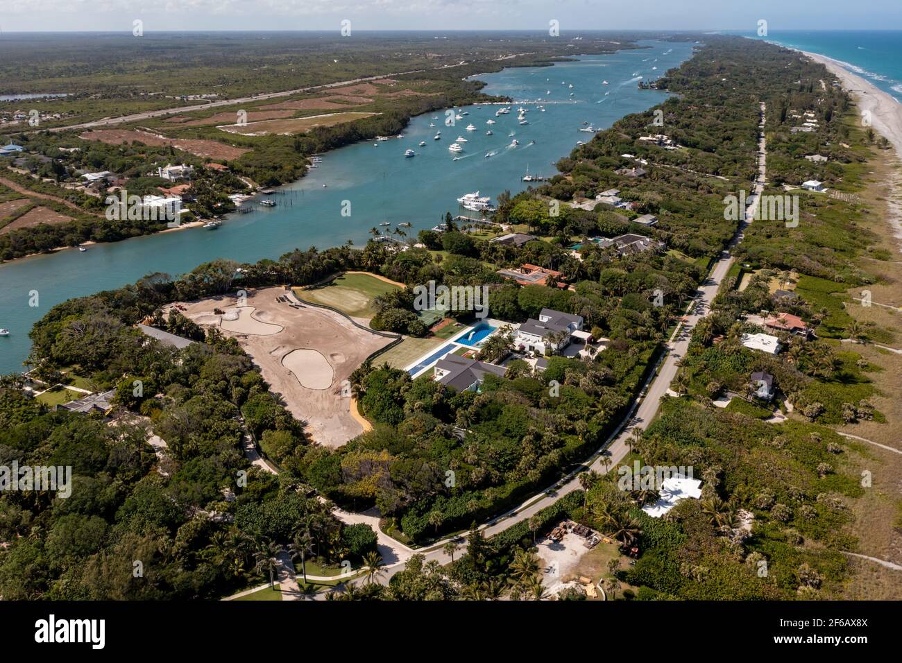 Foto aerea della residenza di Tiger Woods nell'isola di Giove Florida USAluxury, palazzo, ricco, famoso, Foto Stock