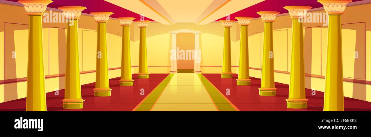 Corridoio del castello con colonne dorate. Palazzo vuoto colonnato interno con antiche colonne dorate e pavimento piastrellato. Architettura edificio medievale design, sala da ballo o sala, Cartoon illustrazione vettoriale Illustrazione Vettoriale