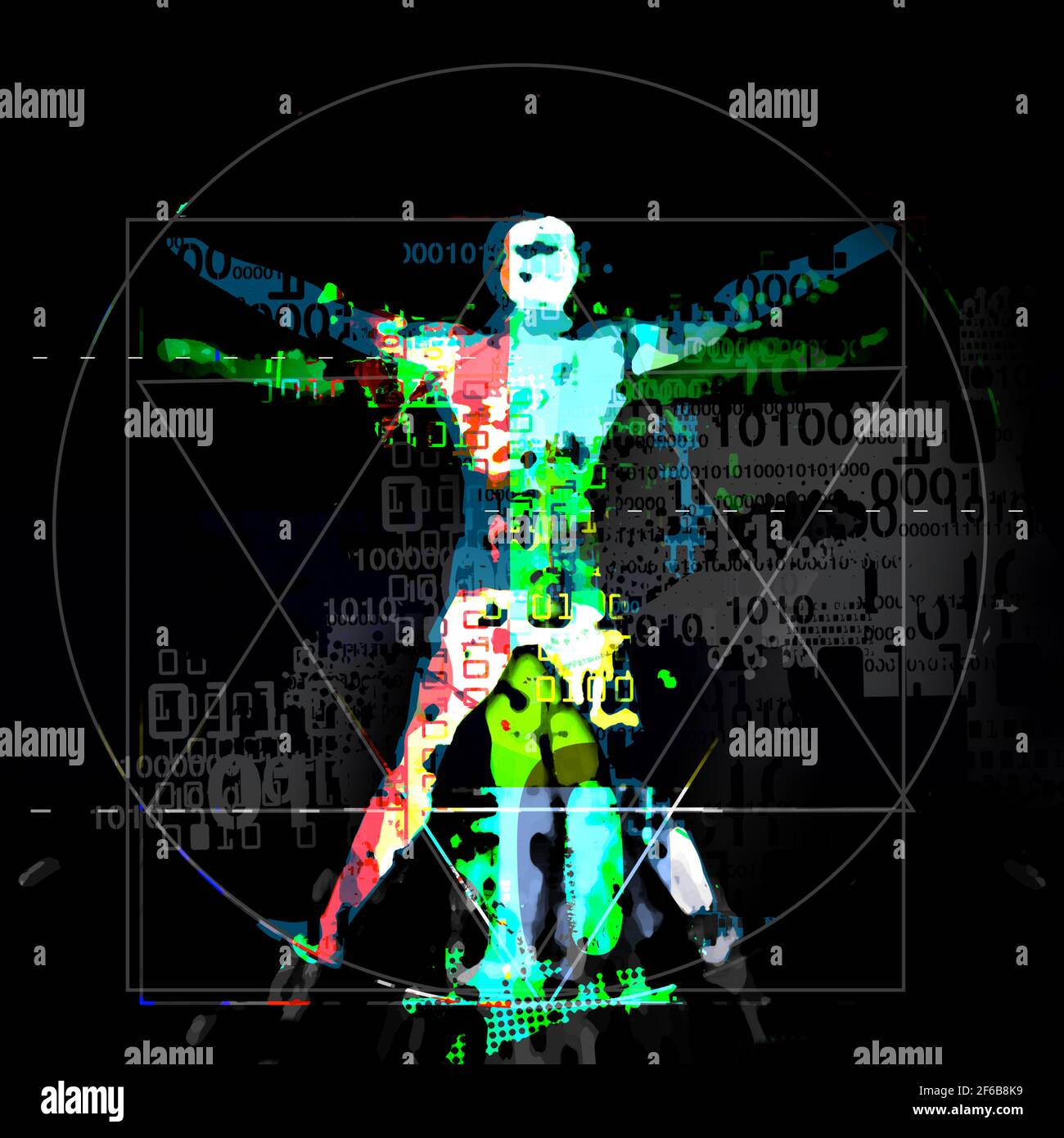 Uomo vitruviano, intelligenza artificiale, scienza e concetto di tecnologia. Illustrazione espressiva futuristica dell'uomo vitruviano con codici binari. Foto Stock