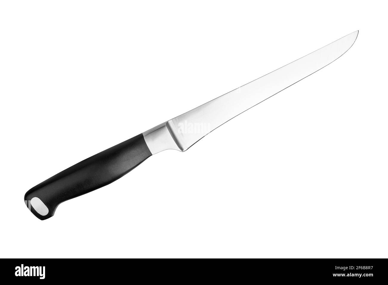 Coltello da carving in acciaio con manico in plastica nera fondo bianco isolato da vicino, coltello da chef in metallo grande, lama affilata in acciaio inossidabile, coltello da paring, macellaio Foto Stock