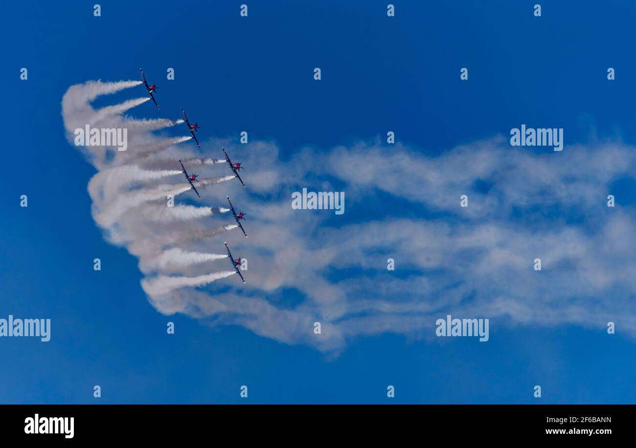 Canberra, Australia, 31 marzo 2021. Le Roulettes sono il team di esposizione acrobatica della Royal Australian Air Force. Si sono esibiti a Canberra nell'ambito delle celebrazioni dell'Air Force 100 - Centenario dell'Air Force. Darren Weinert/Alamy Live News. Foto Stock