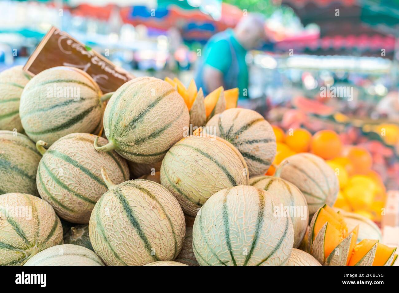 Cavaillon melone sul mercato alimentare di strada Provencal Francia Foto Stock