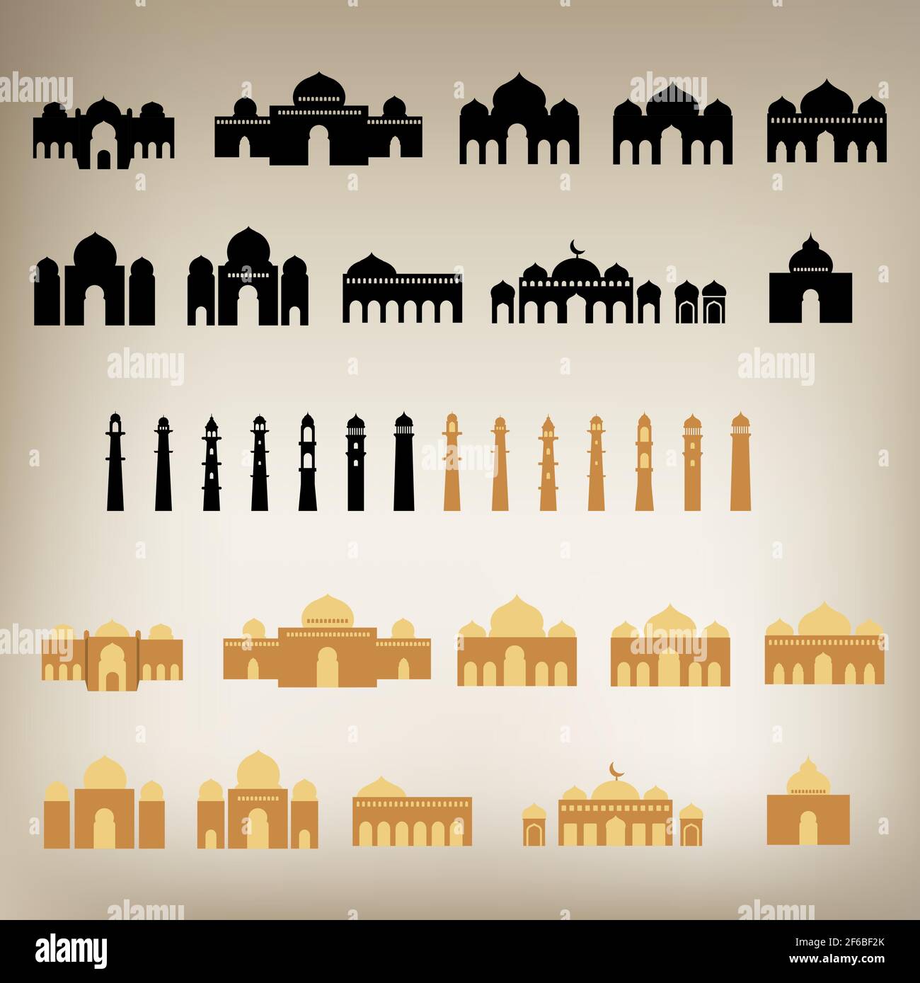 Set di mega-pack con silhouette moschee e torre. Forma di base, modificabile per la costruzione, la finestra, la porta con oggetto di gruppo. Illustrazione Vettoriale