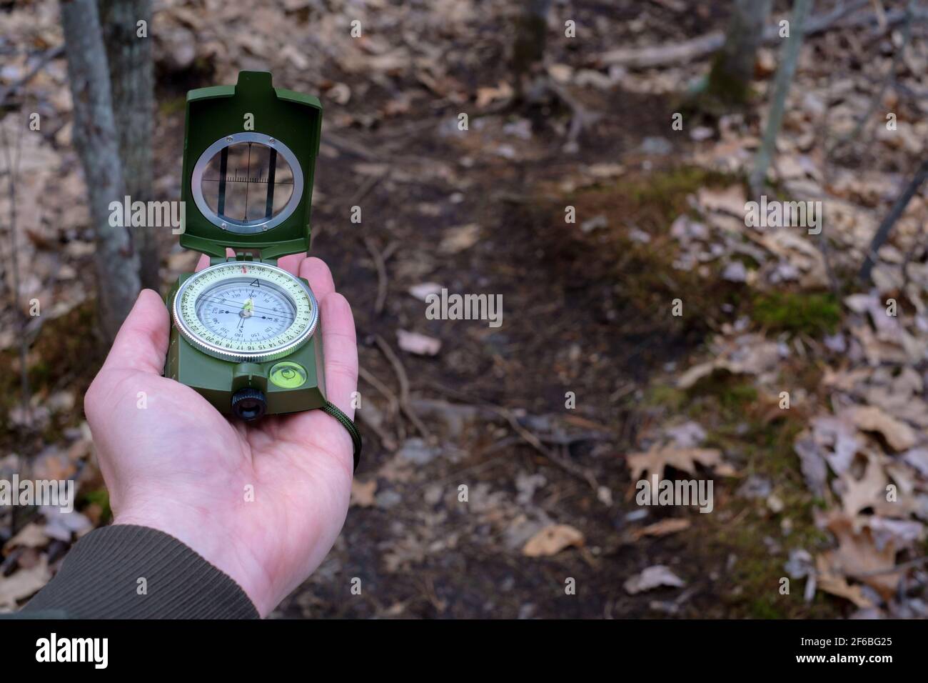 Un'immagine punto di vista che mostra una mano distesa che stende una bussola prismatica piatta su di essa per navigare nei boschi. Foto Stock