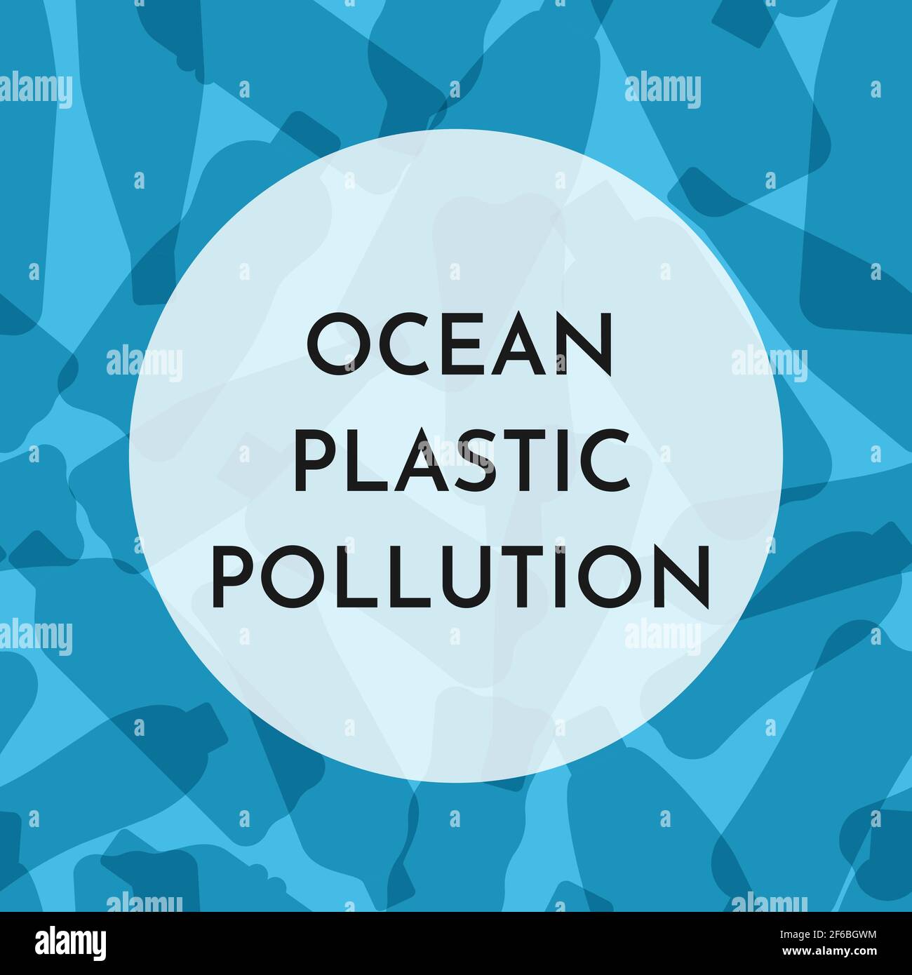 Illustrazione vettoriale con icone bianche isolate delle bottiglie in plastica. Inquinamento marino mondiale. Raccolta rifiuti separata. Sfondo blu. Illustrazione Vettoriale