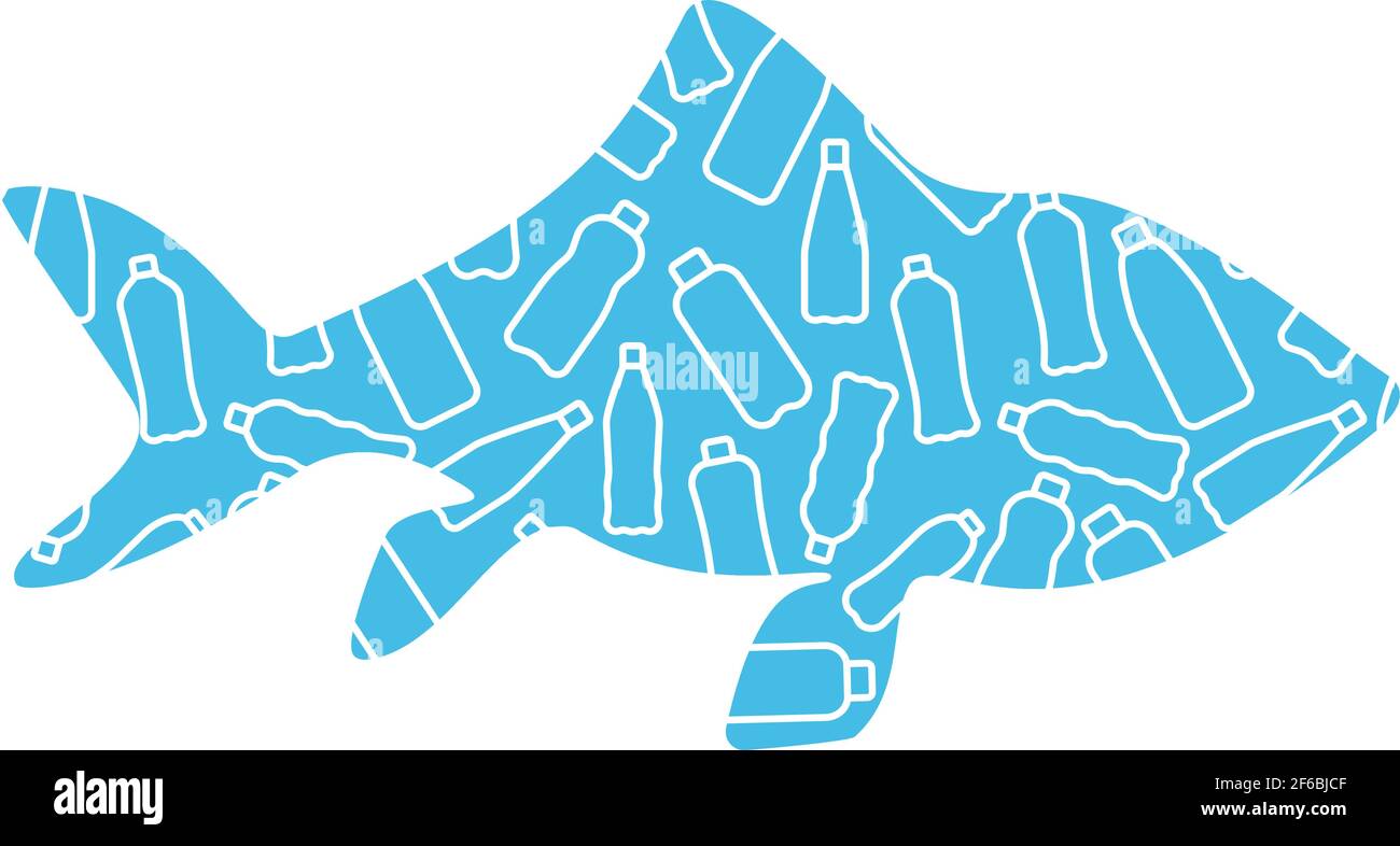 Illustrazione vettoriale con icone bianche isolate di bottiglie di plastica nell'oceano del mondo incorniciate da silhouette di pesce. Inquinamento plastico. Illustrazione Vettoriale