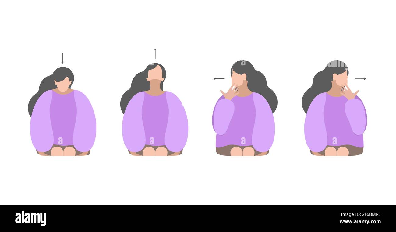 Vettore isolato illustrazione insieme da ragazza. Esercizi con le mani dietro la schiena prese alla serratura. Il torace si solleva. Concetto creativo. Colori viola. Illustrazione Vettoriale