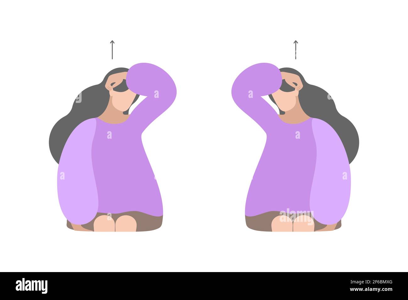 Vettore isolato illustrazione con la ragazza. Esercizi al collo. Posizionare il dito dietro l'orecchio e tirare la testa verso l'alto. Concetto creativo. Colori viola. Illustrazione Vettoriale