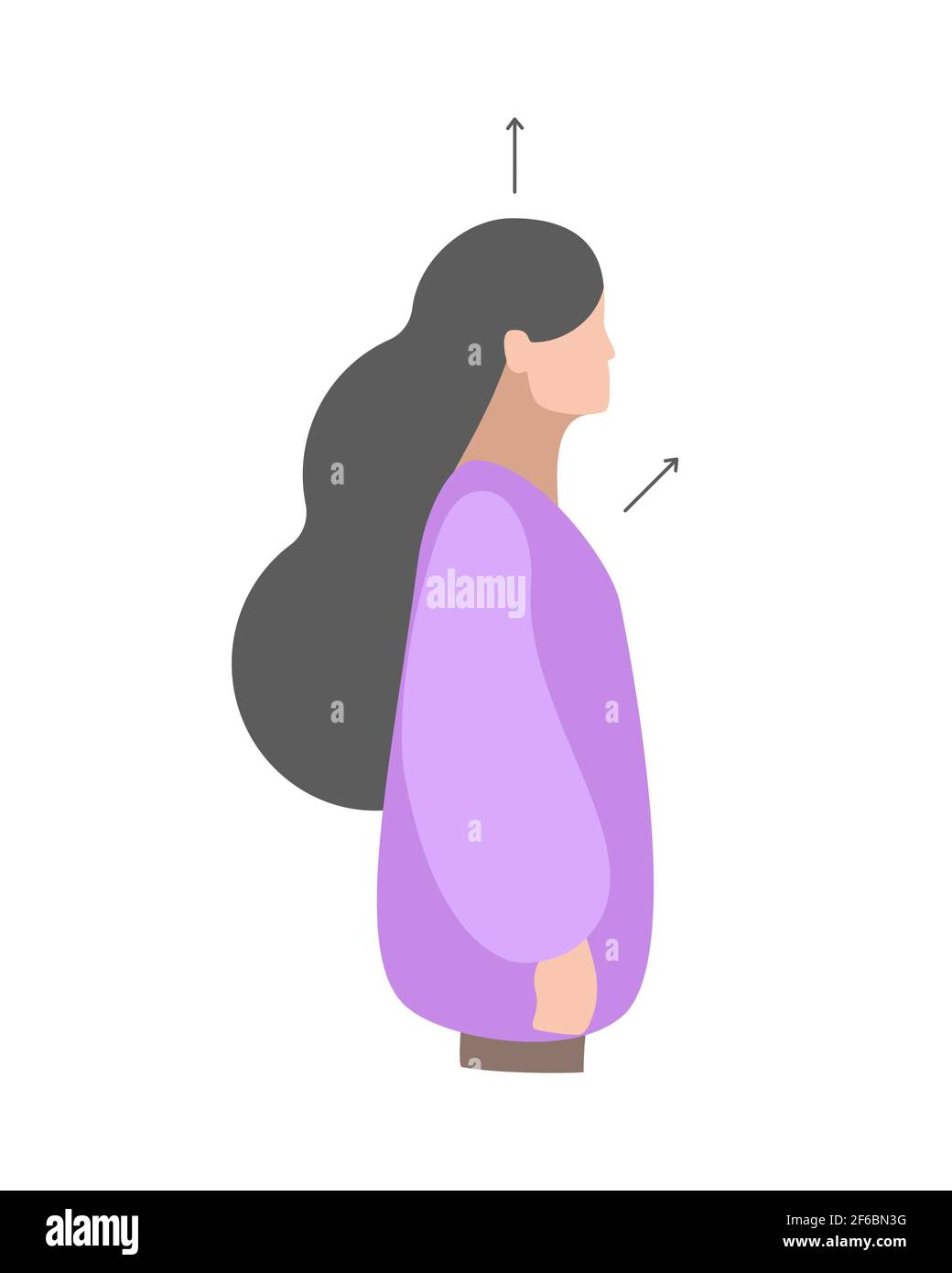 Illustrazione vettoriale isolata. Esercizi di ragazza che lavora con la schiena. Correggere la postura diritta. Concetto creativo. Colori viola. Sfondo bianco. Illustrazione Vettoriale