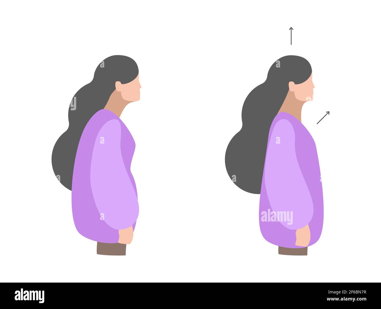 Illustrazione colorata isolata dal vettore. Esercizi al collo da ragazza per rilassarsi. Lavorare con la schiena. Postura rettilinea errata e corretta. Concetto creativo. Illustrazione Vettoriale