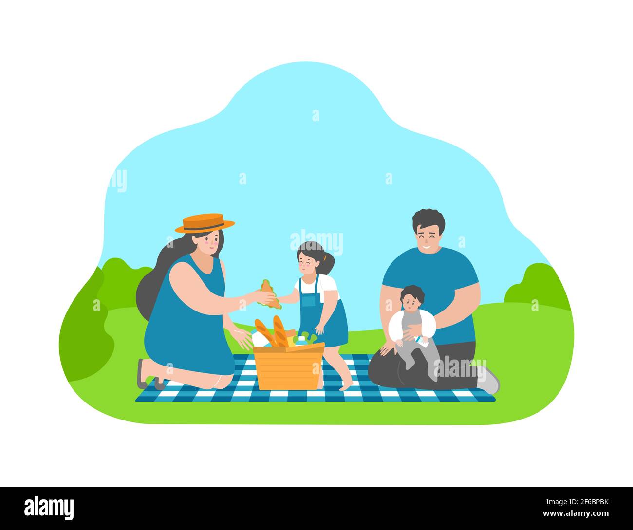 Vector Flat Concept con famiglia di cartoni animati. Momenti felici dall'infanzia. Madre dà il panino carino figlia da cestino da picnic. Padre siede con poco Illustrazione Vettoriale