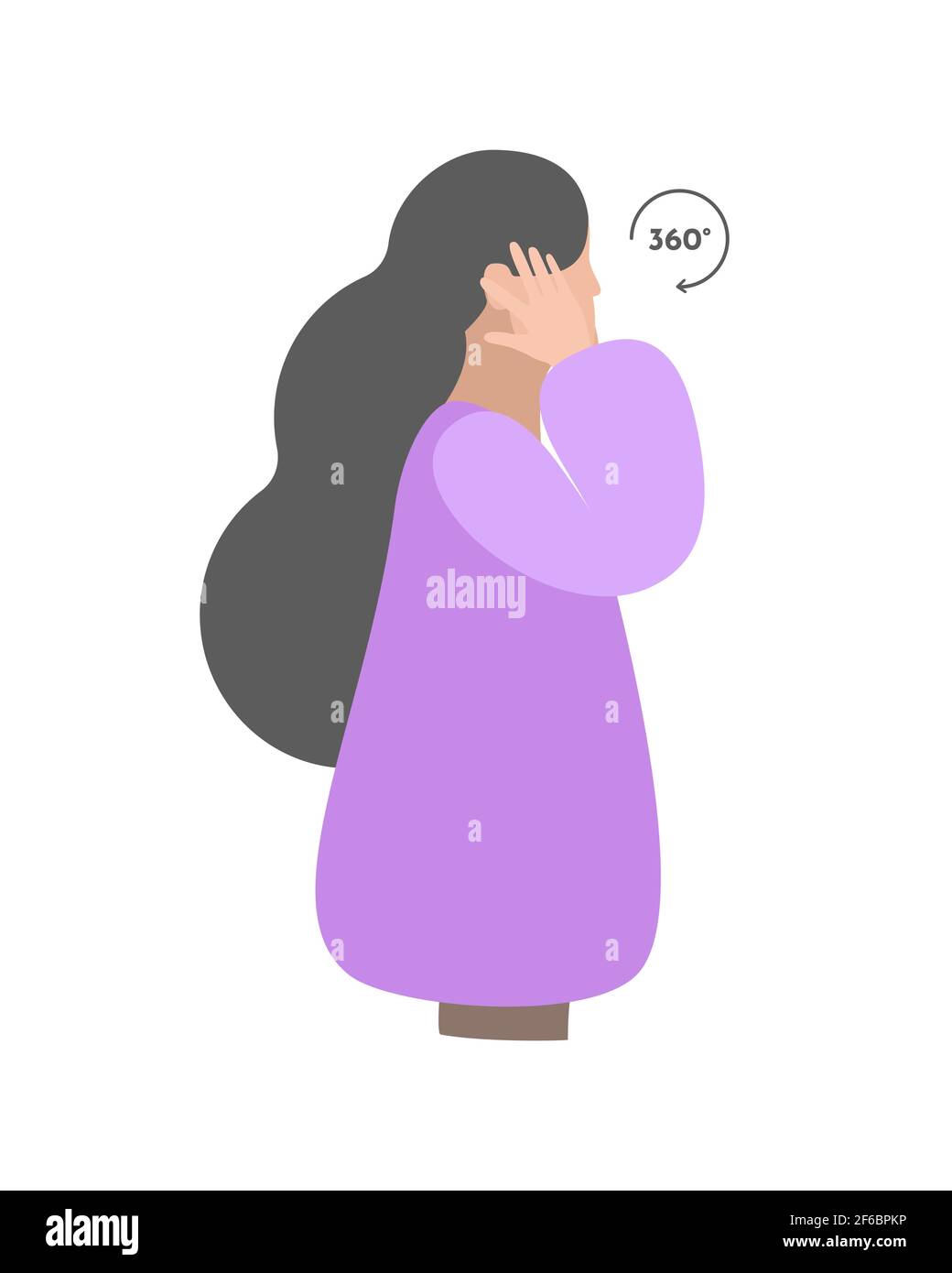 Illustrazione vettoriale isolata. Esercizi al collo con massaggio alla testa e alle orecchie da ragazza. Concetto creativo. Colori viola. Sfondo bianco Illustrazione Vettoriale